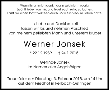 Traueranzeige von Werner Jonsek von Stuttgarter Zeitung / Stuttgarter Nachrichten