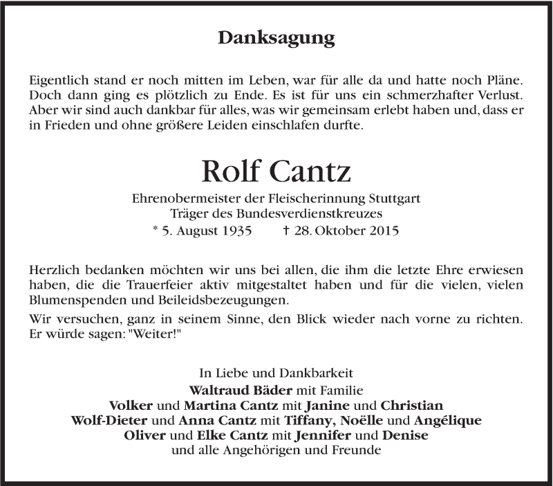  Traueranzeige für Rolf Cantz vom 21.11.2015 aus Stuttgarter Zeitung / Stuttgarter Nachrichten