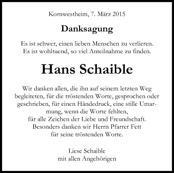 Traueranzeige von Hans Schaible von Stuttgarter Zeitung / Stuttgarter Nachrichten