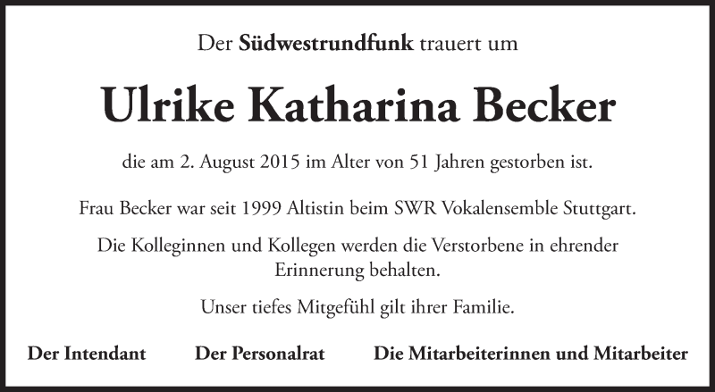  Traueranzeige für Ulrike Katharina Becker vom 06.08.2015 aus Stuttgarter Zeitung / Stuttgarter Nachrichten
