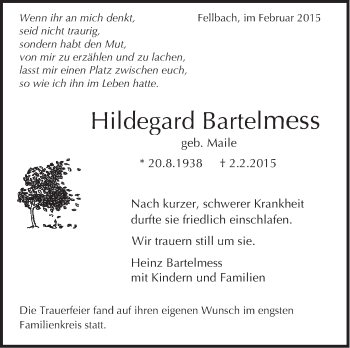 Traueranzeige von Hildegard Bartelmess von Stuttgarter Zeitung / Stuttgarter Nachrichten
