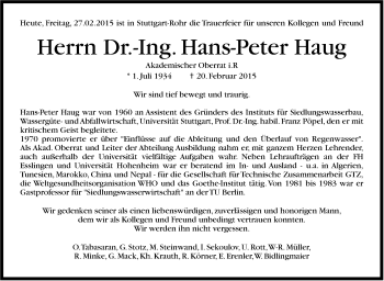 Traueranzeige von Hans-Peter Haug von Stuttgarter Zeitung / Stuttgarter Nachrichten