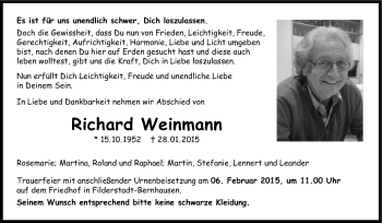 Traueranzeige von Richard Weinmann von Stuttgarter Zeitung / Stuttgarter Nachrichten