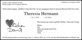 Traueranzeige von Theresia Hermann von Stuttgarter Zeitung / Stuttgarter Nachrichten