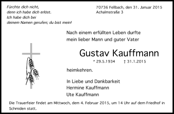 Traueranzeige von Gustav Kauffmann von Stuttgarter Zeitung / Stuttgarter Nachrichten