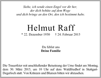 Traueranzeige von Helmut Raff von Stuttgarter Zeitung / Stuttgarter Nachrichten