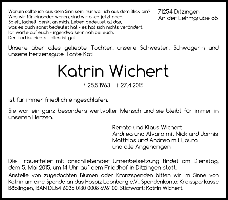  Traueranzeige für Katrin Wichert vom 30.04.2015 aus Stuttgarter Zeitung / Stuttgarter Nachrichten