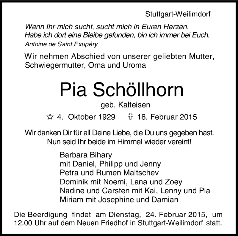  Traueranzeige für Pia Schöllhorn vom 21.02.2015 aus Stuttgarter Zeitung / Stuttgarter Nachrichten