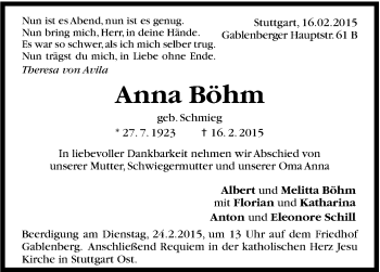 Traueranzeige von Anna Böhm von Stuttgarter Zeitung / Stuttgarter Nachrichten