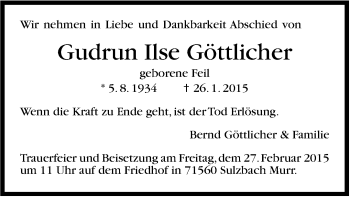 Traueranzeige von Gudrun Ilse Göttlicher von Stuttgarter Zeitung / Stuttgarter Nachrichten
