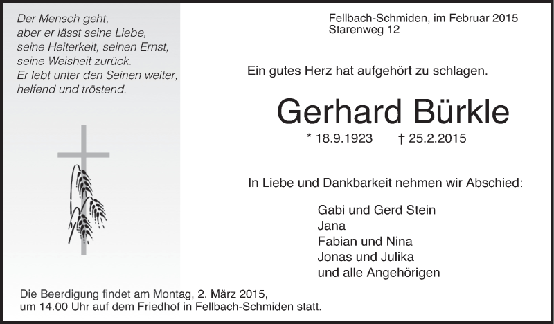  Traueranzeige für Gerhard Bürkle vom 27.02.2015 aus Stuttgarter Zeitung / Stuttgarter Nachrichten