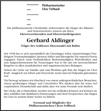 Traueranzeige von Gerhard Aldinger von Stuttgarter Zeitung / Stuttgarter Nachrichten