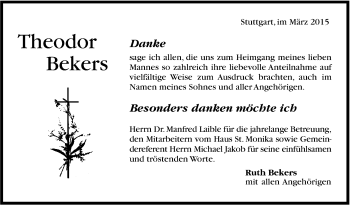 Traueranzeige von Theodor Bekers von Stuttgarter Zeitung / Stuttgarter Nachrichten