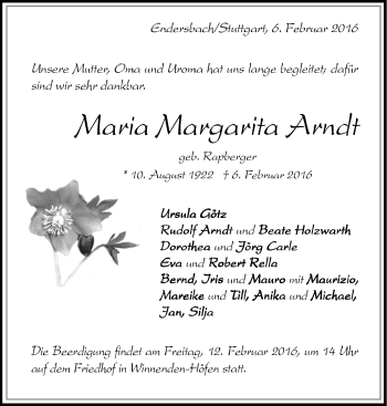 Traueranzeige von Maria Margarita  Arndt von Stuttgarter Zeitung / Stuttgarter Nachrichten