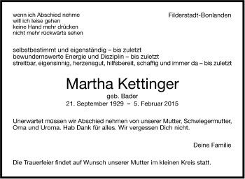 Traueranzeige von Martha Kettinger von Stuttgarter Zeitung / Stuttgarter Nachrichten