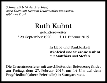 Traueranzeige von Ruth Kuhnt von Stuttgarter Zeitung / Stuttgarter Nachrichten