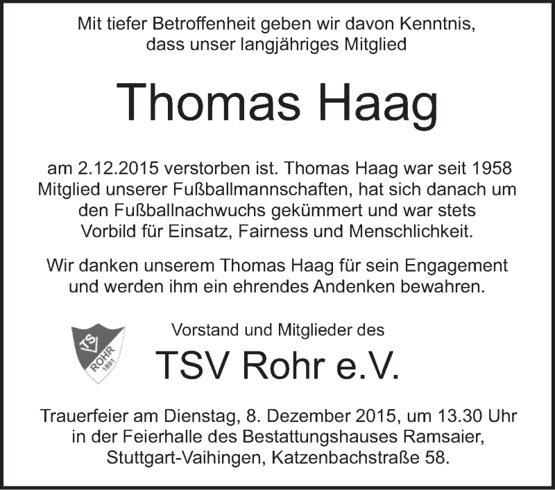  Traueranzeige für Thomas Haag vom 07.12.2015 aus Stuttgarter Zeitung / Stuttgarter Nachrichten