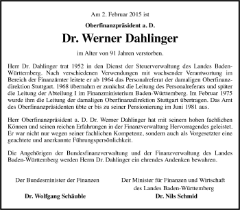 Traueranzeige von Werner Dahlinger von Stuttgarter Zeitung / Stuttgarter Nachrichten