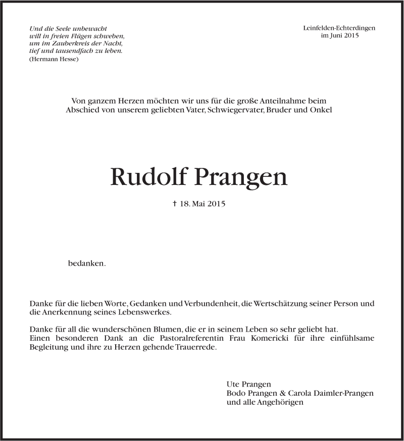  Traueranzeige für Rudolf Prangen vom 13.06.2015 aus Stuttgarter Zeitung / Stuttgarter Nachrichten