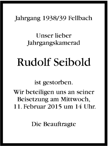 Traueranzeige von Rudolf Seibold von Stuttgarter Zeitung / Stuttgarter Nachrichten