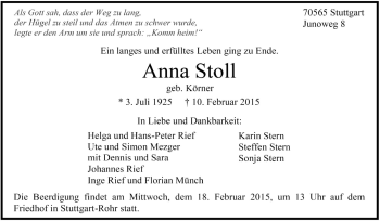 Traueranzeige von Anna Stoll von Stuttgarter Zeitung / Stuttgarter Nachrichten