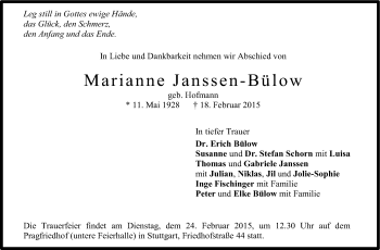 Traueranzeige von Marianne Janssen-Bülow von Stuttgarter Zeitung / Stuttgarter Nachrichten