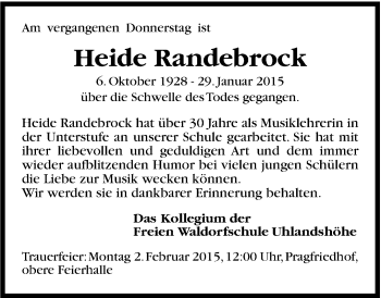 Traueranzeige von Heide Randebrock von Stuttgarter Zeitung / Stuttgarter Nachrichten