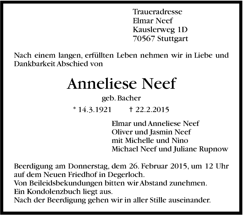  Traueranzeige für Anneliese Neef vom 24.02.2015 aus Stuttgarter Zeitung / Stuttgarter Nachrichten