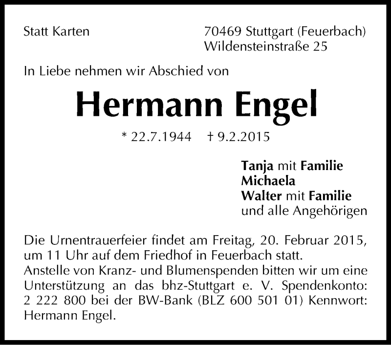  Traueranzeige für Hermann Engel vom 16.02.2015 aus Stuttgarter Zeitung / Stuttgarter Nachrichten