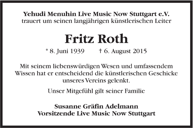  Traueranzeige für Fritz Roth vom 12.08.2015 aus Stuttgarter Zeitung / Stuttgarter Nachrichten