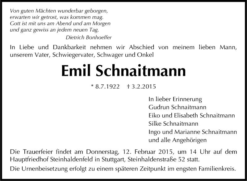  Traueranzeige für Emil Schnaitmann vom 07.02.2015 aus Stuttgarter Zeitung / Stuttgarter Nachrichten