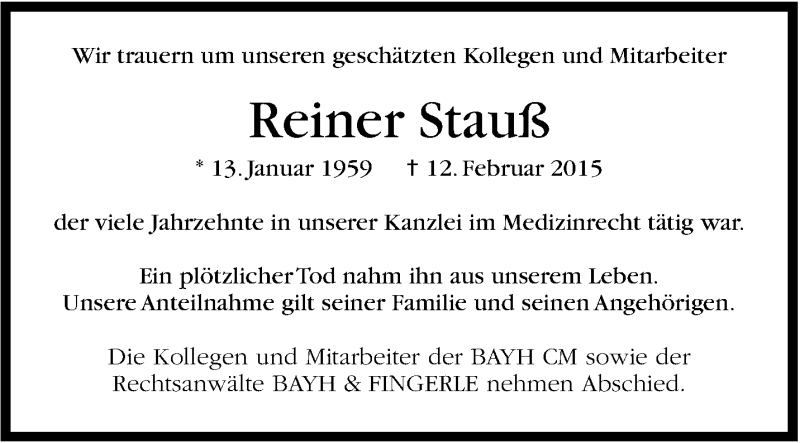  Traueranzeige für Reiner Stauß vom 19.02.2015 aus Stuttgarter Zeitung / Stuttgarter Nachrichten