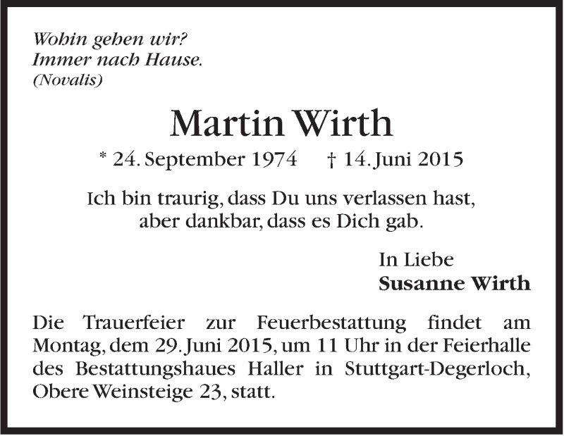 Traueranzeige für Martin Wirth vom 27.06.2015 aus Stuttgarter Zeitung / Stuttgarter Nachrichten