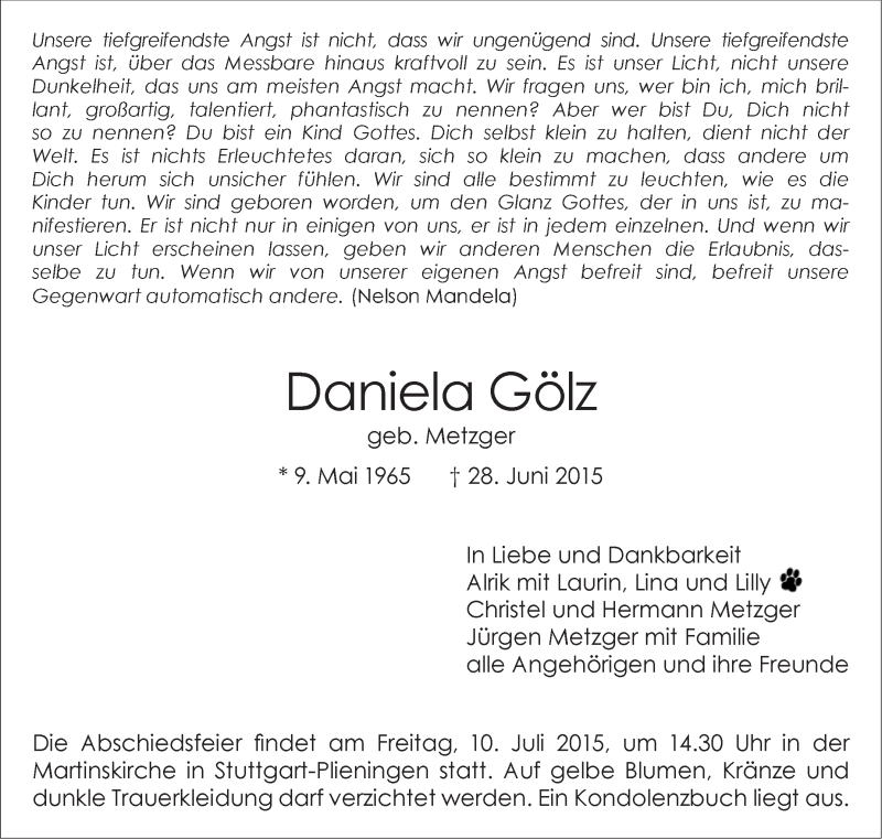  Traueranzeige für Daniela Gölz vom 04.07.2015 aus Stuttgarter Zeitung / Stuttgarter Nachrichten