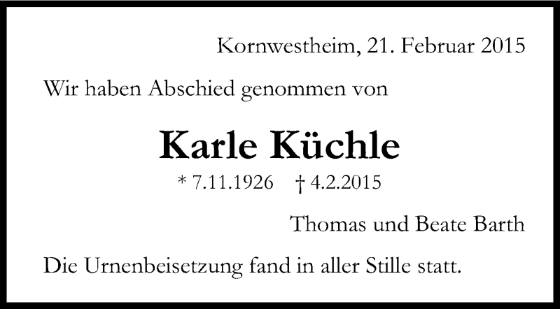  Traueranzeige für Karle Küchle vom 21.02.2015 aus Stuttgarter Zeitung / Stuttgarter Nachrichten