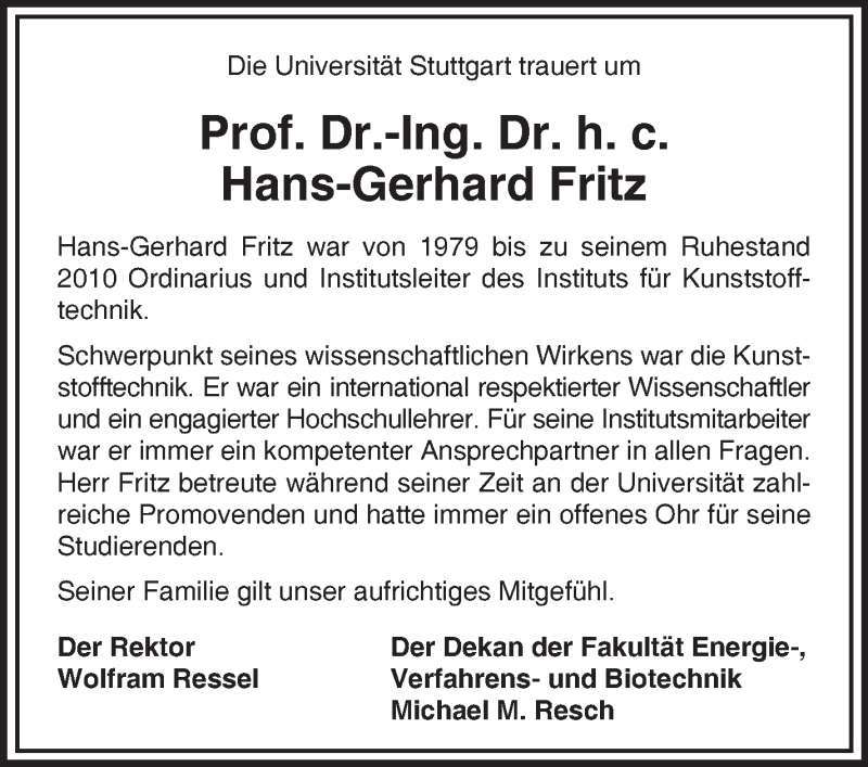  Traueranzeige für Hans-Gerhard Fritz vom 23.07.2015 aus Stuttgarter Zeitung / Stuttgarter Nachrichten