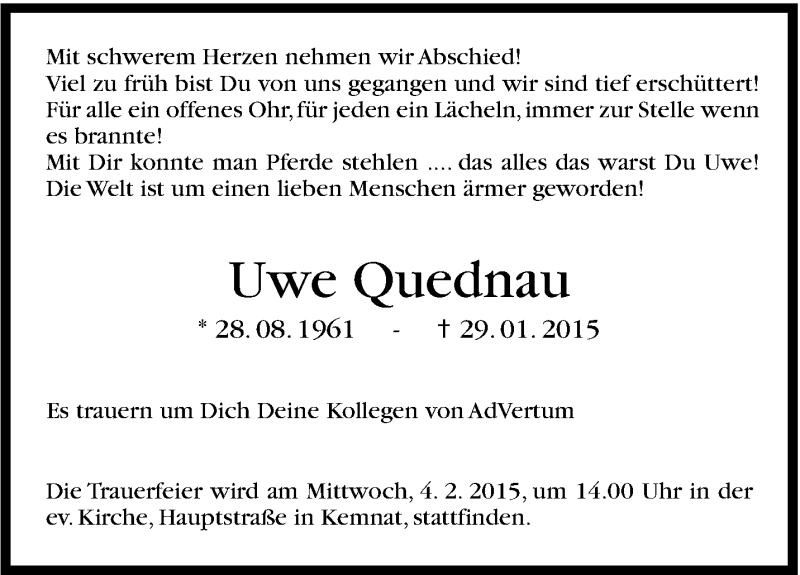  Traueranzeige für Uwe Quednau vom 02.02.2015 aus Stuttgarter Zeitung / Stuttgarter Nachrichten