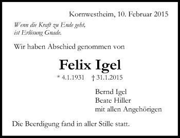 Traueranzeige von Felix Igel von Stuttgarter Zeitung / Stuttgarter Nachrichten
