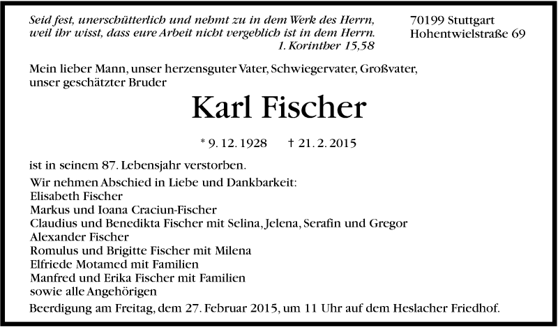  Traueranzeige für Karl Fischer vom 25.02.2015 aus Stuttgarter Zeitung / Stuttgarter Nachrichten