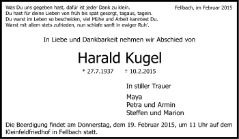 Traueranzeige von Harald Kugel von Stuttgarter Zeitung / Stuttgarter Nachrichten