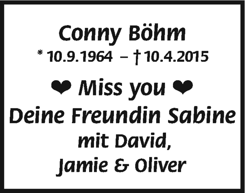  Traueranzeige für Conny Böhm vom 14.04.2015 aus Stuttgarter Zeitung / Stuttgarter Nachrichten