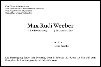 Traueranzeige von Max-Rudi Weeber von Stuttgarter Zeitung / Stuttgarter Nachrichten