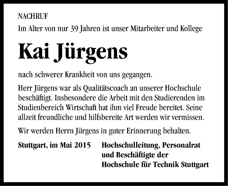  Traueranzeige für Kai Jürgens vom 08.05.2015 aus Stuttgarter Zeitung / Stuttgarter Nachrichten