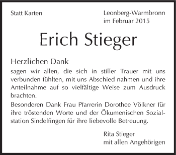 Traueranzeige von Erich Stieger von Stuttgarter Zeitung / Stuttgarter Nachrichten