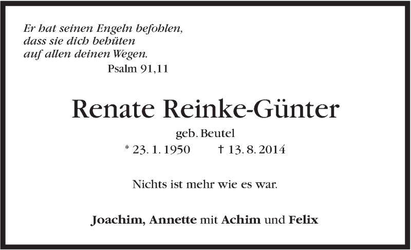  Traueranzeige für Renate Reinke-Günter vom 13.08.2015 aus Stuttgarter Zeitung / Stuttgarter Nachrichten
