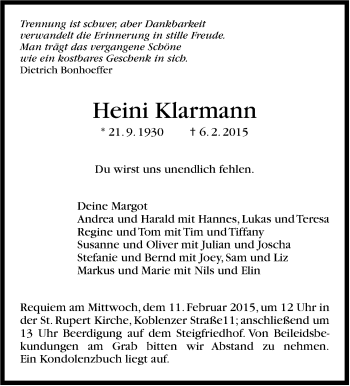 Traueranzeige von Heini Klarmann von Stuttgarter Zeitung / Stuttgarter Nachrichten