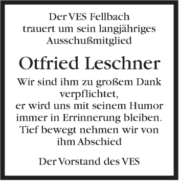 Traueranzeige von Otfried Leschner von Stuttgarter Zeitung / Stuttgarter Nachrichten