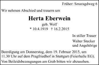 Traueranzeige von Herta Eberwein von Stuttgarter Zeitung / Stuttgarter Nachrichten