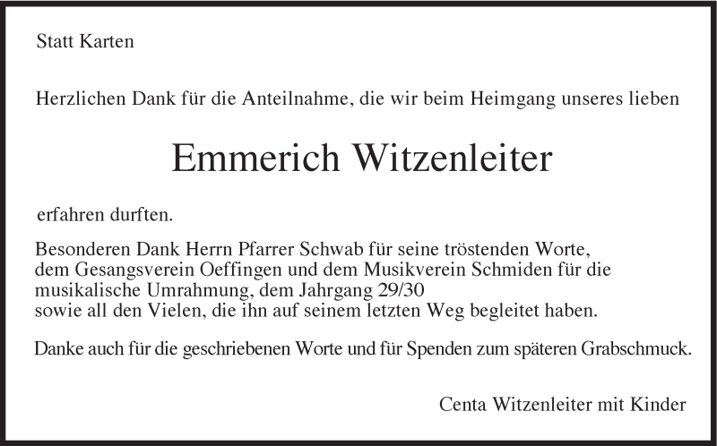  Traueranzeige für Emmerich Witzenleiter vom 02.03.2015 aus Stuttgarter Zeitung / Stuttgarter Nachrichten