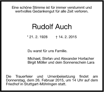 Traueranzeige von Rudolf Auch von Stuttgarter Zeitung / Stuttgarter Nachrichten